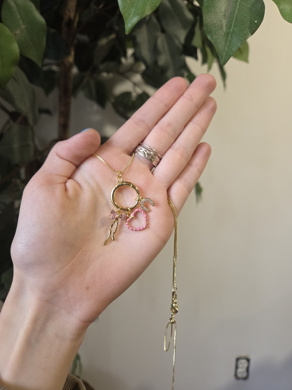 18k Gold Pendant Necklace with Pink Charms